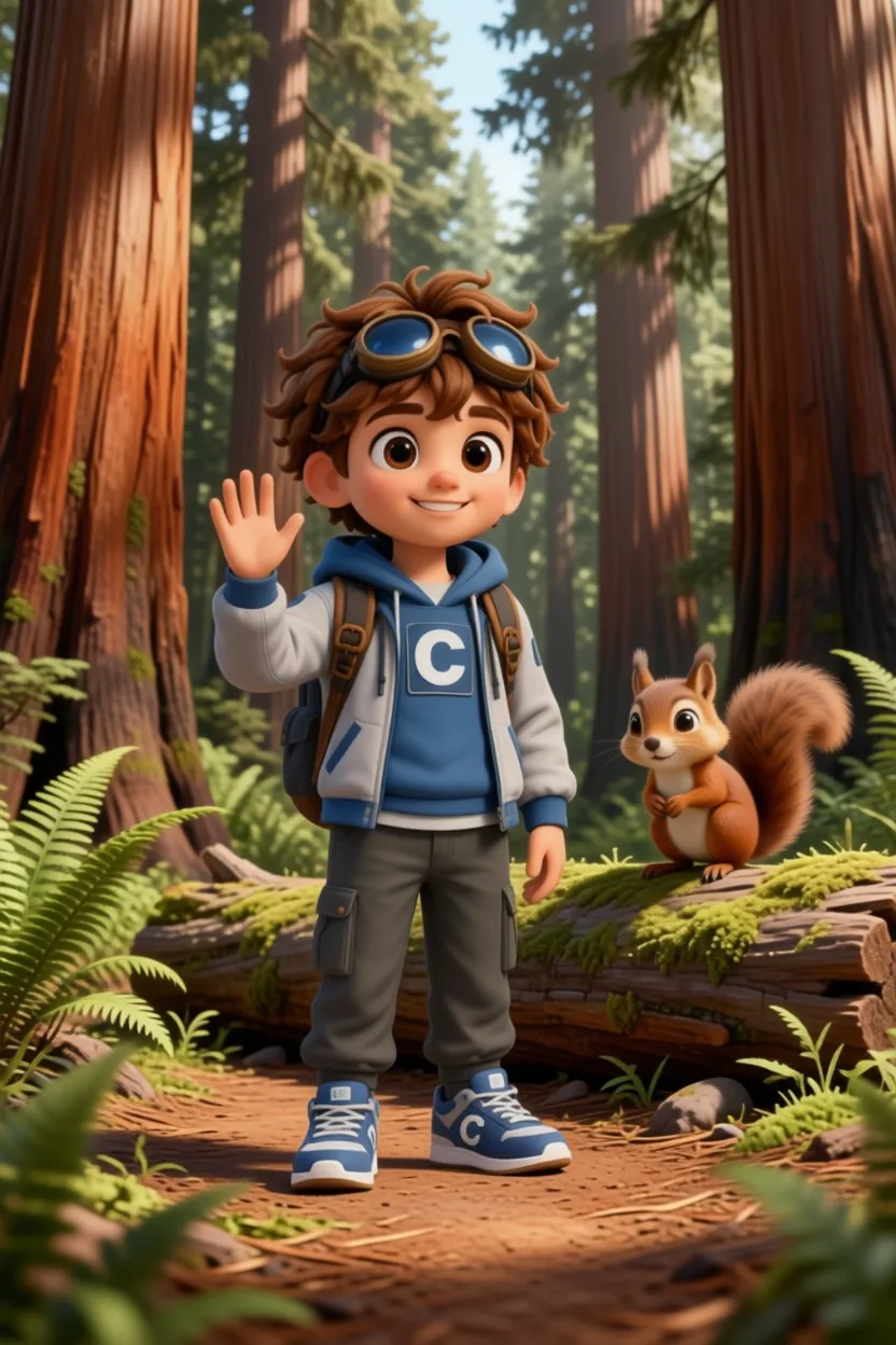 Cio waving in a redwood forest